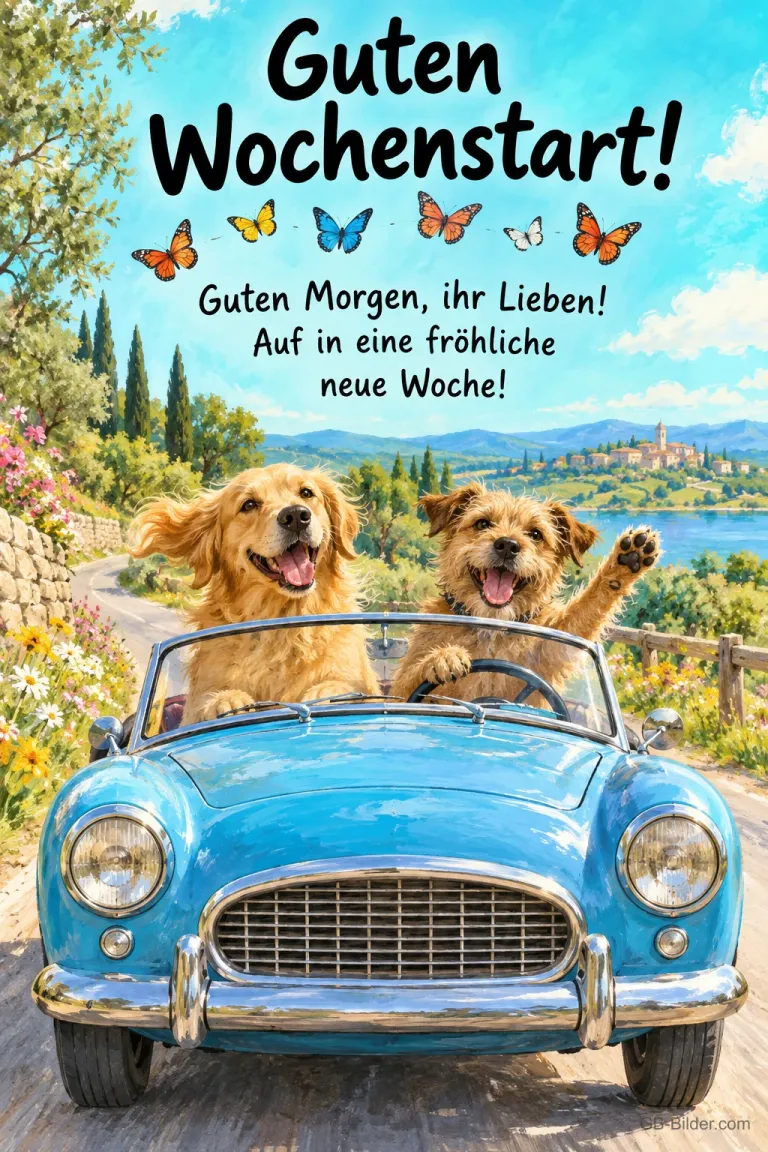 Zwei Hunde fahren in einem blauen Cabrio durch eine Landschaft, Text: Guten Wochenstart! – Guten Morgen, ihr Lieben! Auf in eine fröhliche neue Woche!