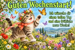 Kätzchen mit Blumenkranz winkt Schmetterlingen auf einer Wiese, Text: Guten Wochenstart! – Ich wünsche dir einen tollen Tag und eine fröhliche neue Woche!