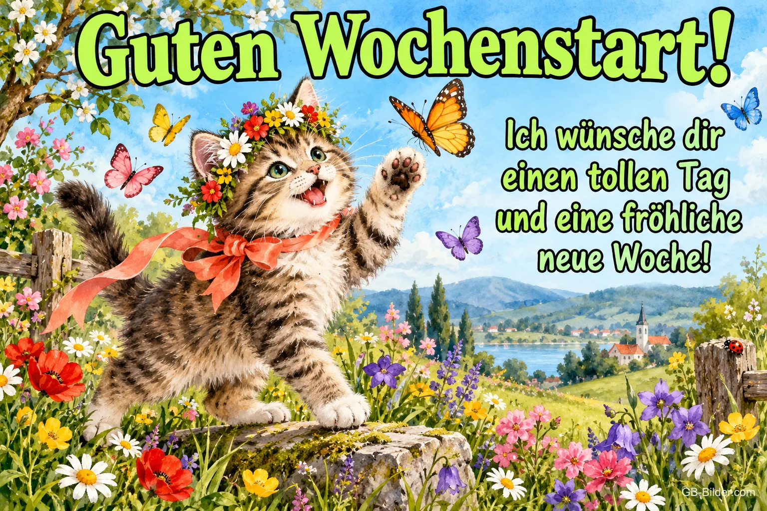Kätzchen mit Blumenkranz winkt Schmetterlingen auf einer Wiese, Text: Guten Wochenstart! – Ich wünsche dir einen tollen Tag und eine fröhliche neue Woche!