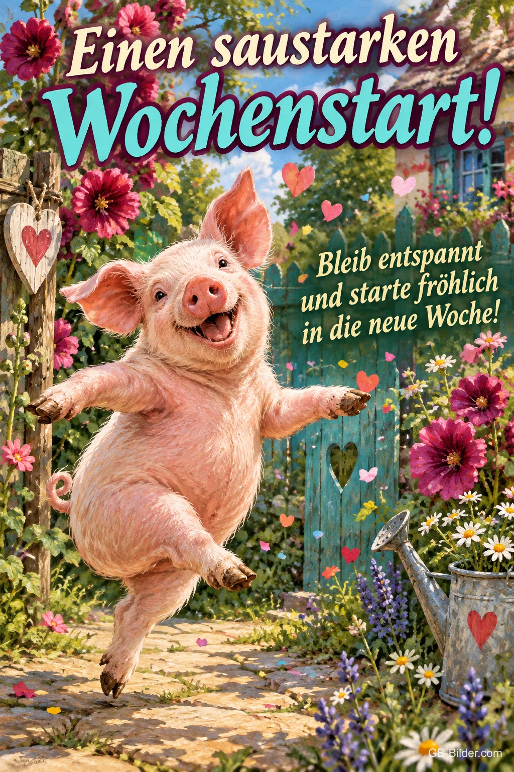 Schwein tanzt durch einen Blumengarten, Text: Einen saustarken Wochenstart! – Bleib entspannt und starte fröhlich in die neue Woche!