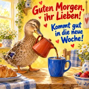 Ente gießt Kaffee in einen blauen Becher am Frühstückstisch, Text: Guten Morgen, ihr Lieben! – Kommt gut in die neue Woche!