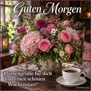 Bunter Blumenstrauß mit Kaffeetasse am Fenster, Text: Guten Morgen – Blumengrüße für dich und einen schönen Wochenstart!