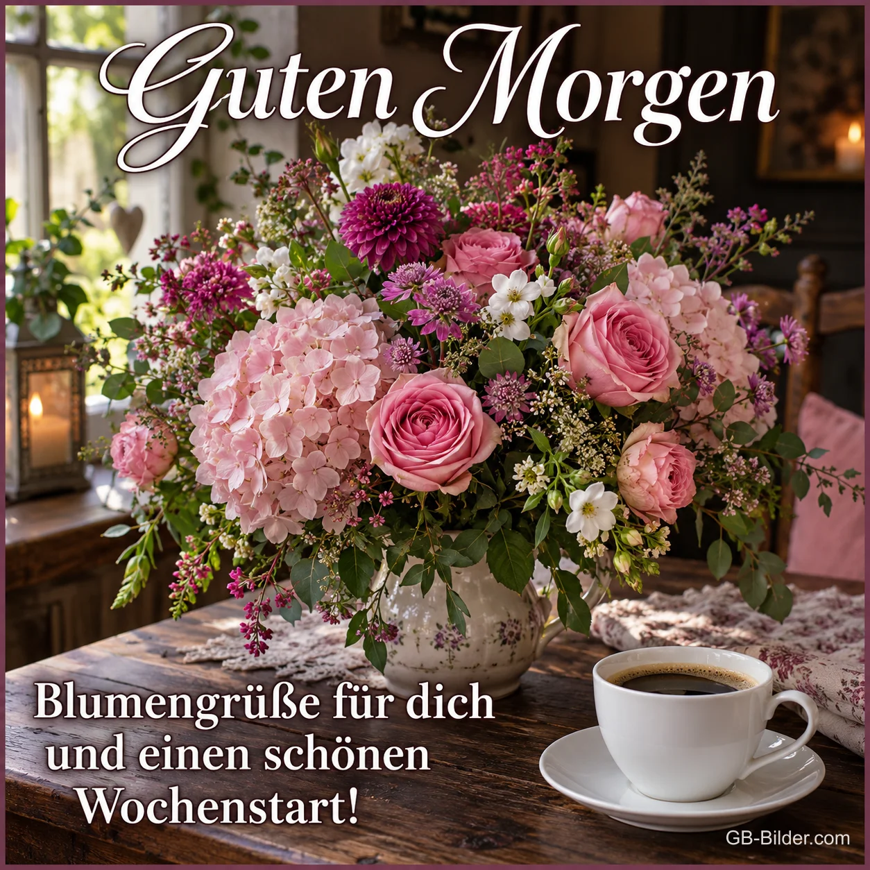 Bunter Blumenstrauß mit Kaffeetasse am Fenster, Text: Guten Morgen – Blumengrüße für dich und einen schönen Wochenstart!