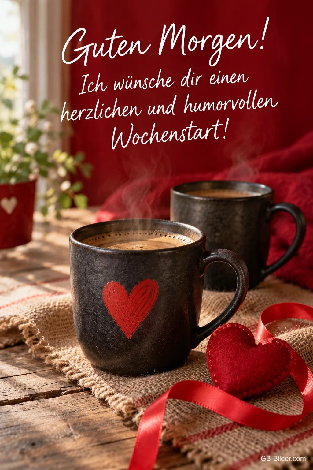 Zwei schwarze Becher mit Herz auf einem Tisch, Text: Guten Morgen! – Ich wünsche dir einen herzlichen und humorvollen Wochenstart!