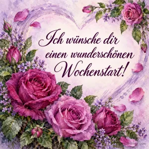 Lila Rosen um ein gemaltes Herz, Text: Ich wünsche dir einen wunderschönen Wochenstart!