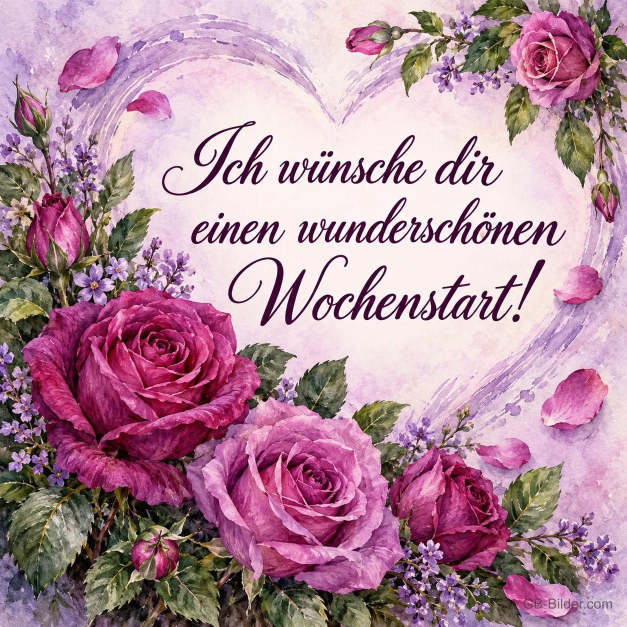 Lila Rosen um ein gemaltes Herz, Text: Ich wünsche dir einen wunderschönen Wochenstart!