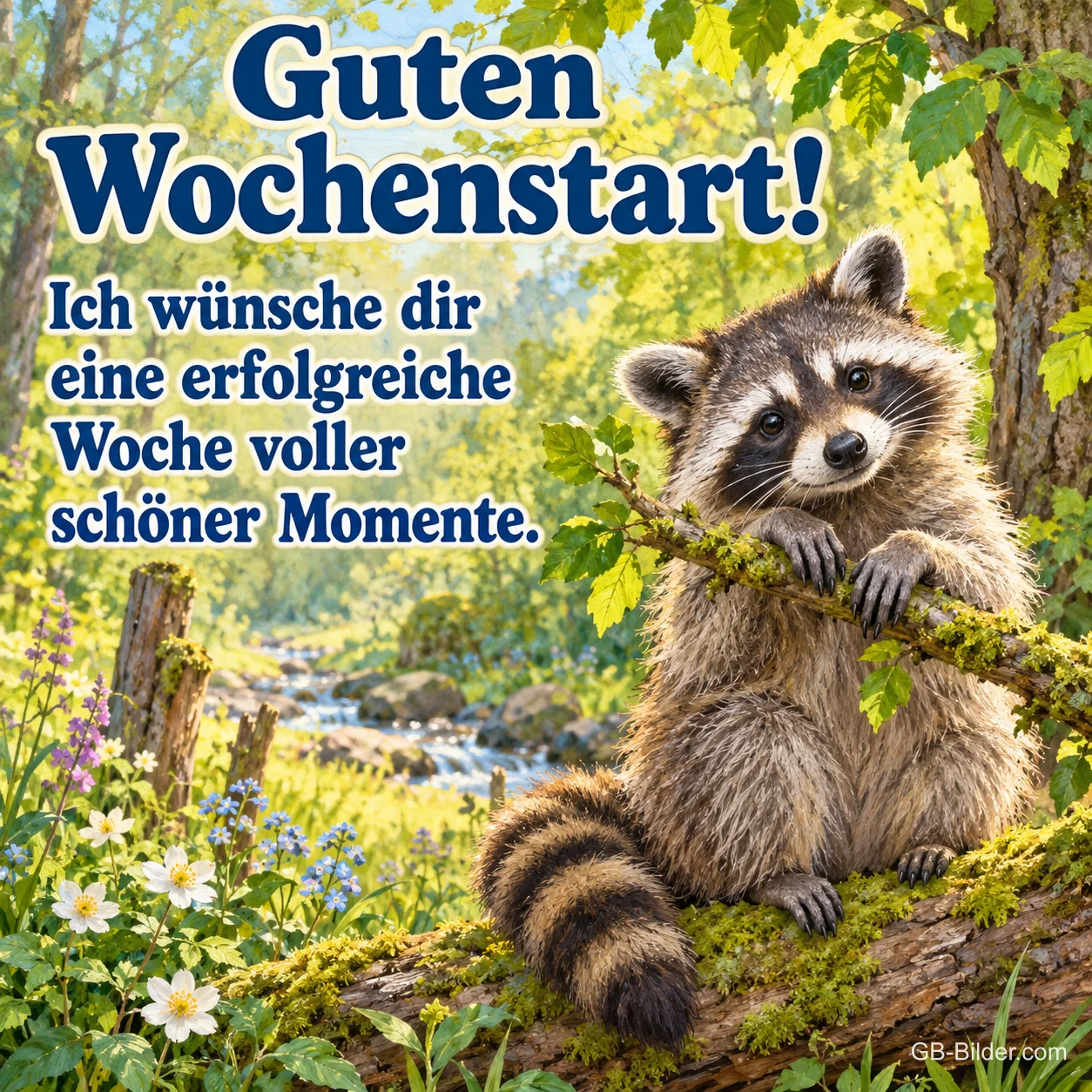 Waschbär auf einem Ast im Frühlingswald, Text: Guten Wochenstart! – Ich wünsche dir eine erfolgreiche Woche voller schöner Momente.