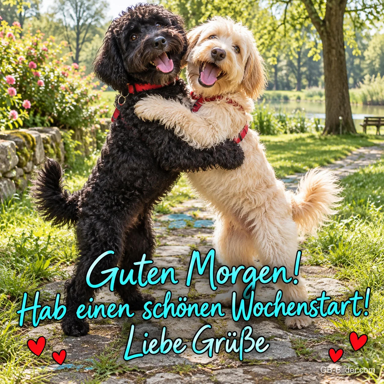 Zwei Pudelmischlinge umarmen sich auf einem Parkweg, Text: Guten Morgen! – Hab einen schönen Wochenstart! Liebe Grüße