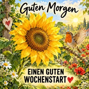 Sonnenblume mit Rotkehlchen und Herz im Garten, Text: Guten Morgen – EINEN GUTEN WOCHENSTART