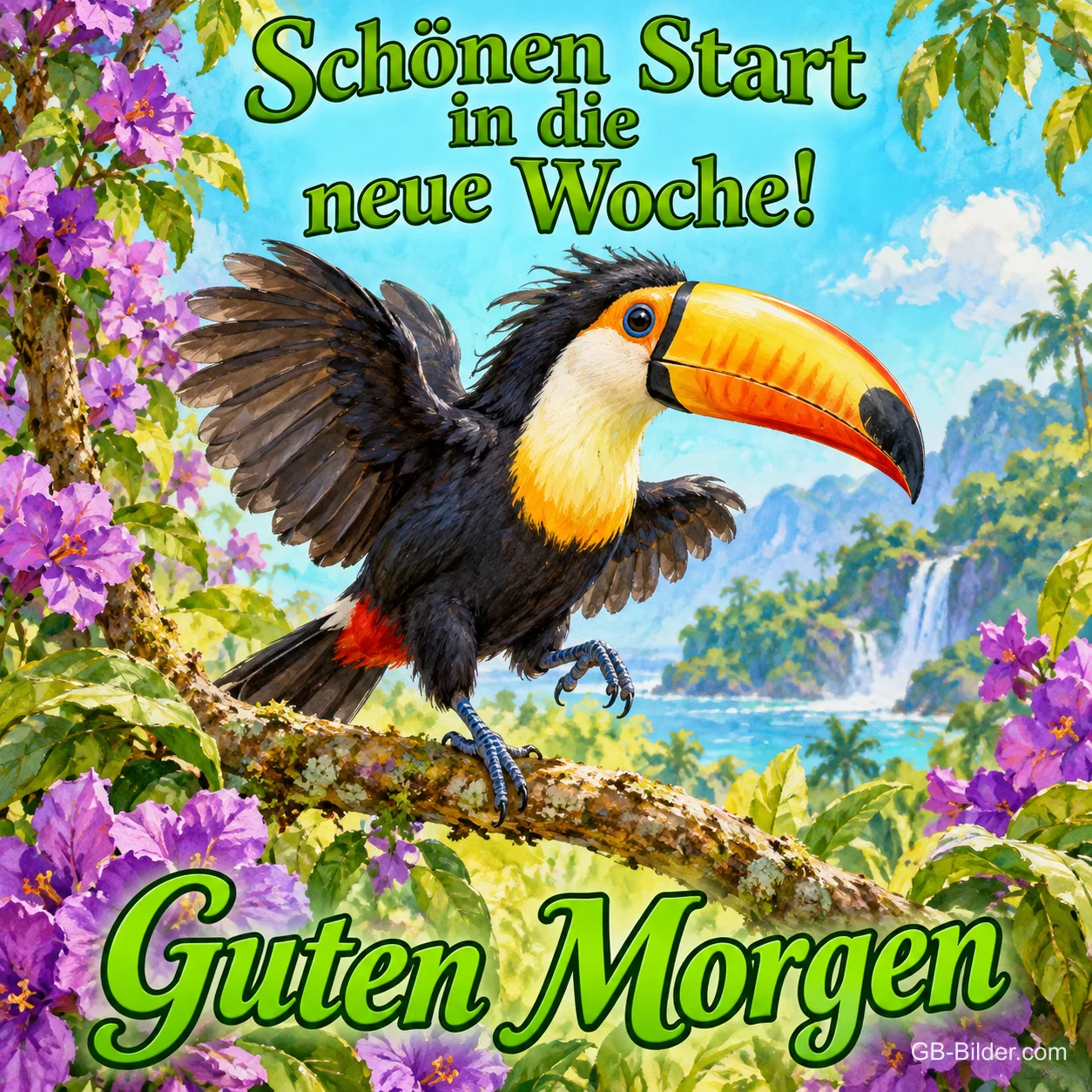 Tukan breitet die Flügel auf einem Ast im Dschungel aus, Text: Schönen Start in die neue Woche! – Guten Morgen