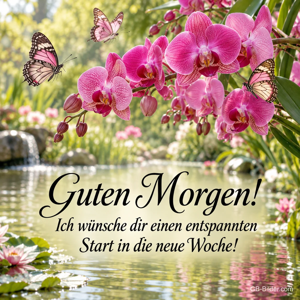 Pinke Orchideen und Schmetterlinge an einem Teich, Text: Guten Morgen! – Ich wünsche dir einen entspannten Start in die neue Woche!