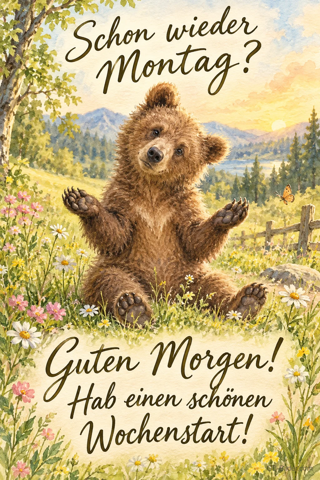 Bärenjunges sitzt ratlos auf einer Blumenwiese, Text: Schon wieder Montag? – Guten Morgen! Hab einen schönen Wochenstart!