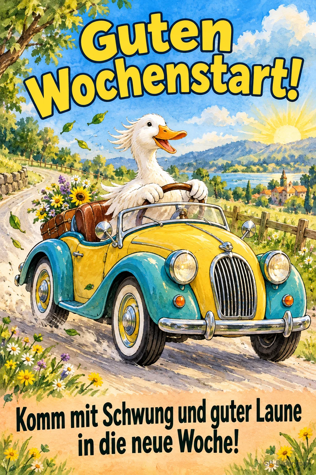 Weiße Gans fährt lachend in einem gelben Oldtimer über eine Landstraße, Text: Guten Wochenstart! – Komm mit Schwung und guter Laune in die neue Woche!