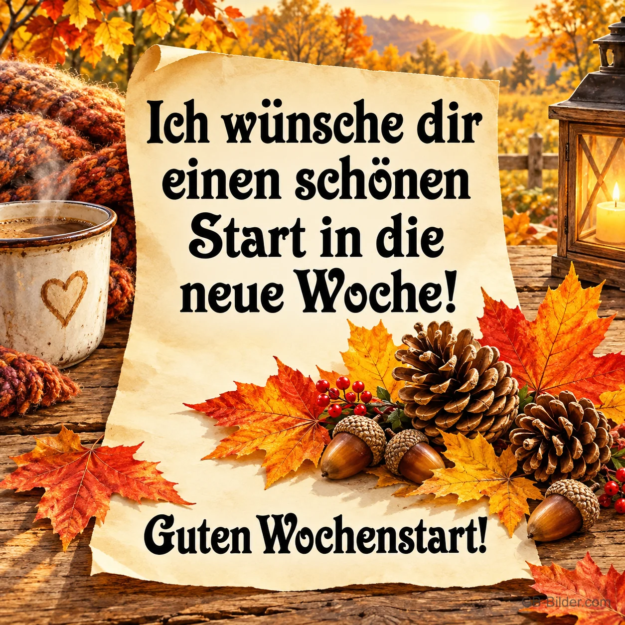 Schriftrolle zwischen Herbstlaub, Zapfen und Eicheln, Text: Ich wünsche dir einen schönen Start in die neue Woche! – Guten Wochenstart!