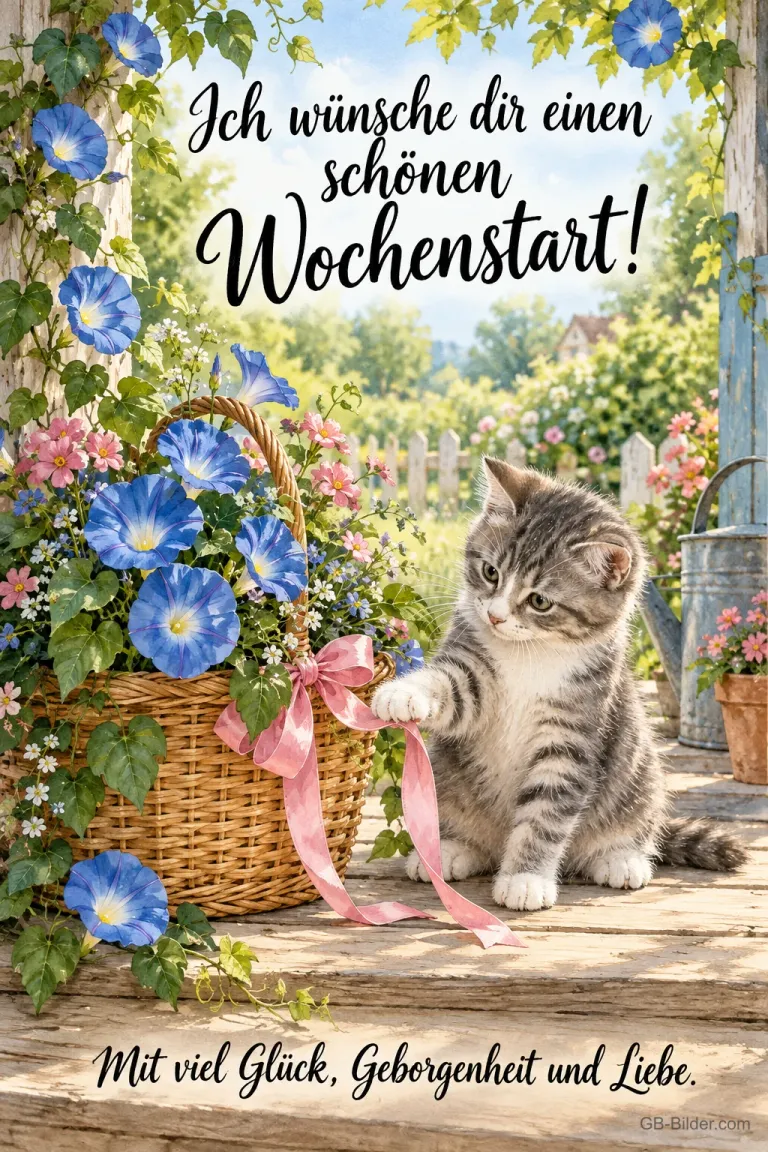 Getigertes Kätzchen spielt mit einer Schleife am Blumenkorb, Text: Ich wünsche dir einen schönen Wochenstart! – Mit viel Glück, Geborgenheit und Liebe.
