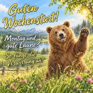 Bär winkt fröhlich auf einer Bergwiese, Text: Guten Wochenstart! – Montag und gute Laune? So fängt die Verwirrung an!