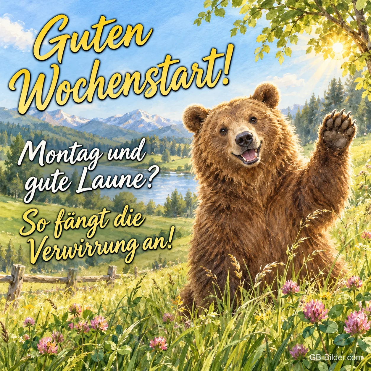 Bär winkt fröhlich auf einer Bergwiese, Text: Guten Wochenstart! – Montag und gute Laune? So fängt die Verwirrung an!