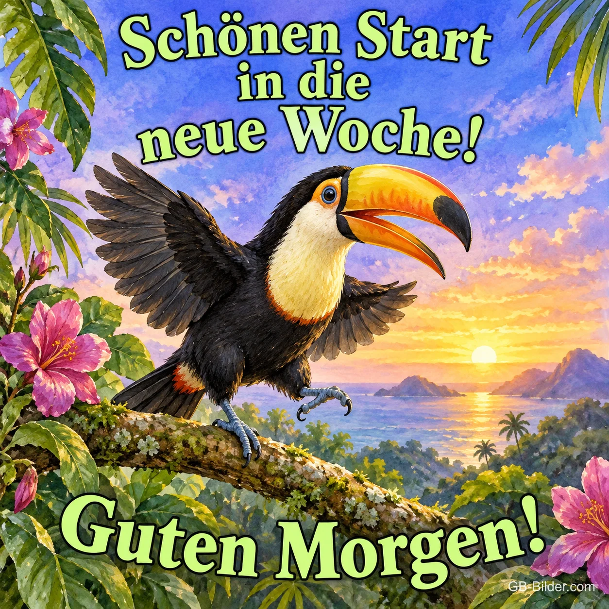 Tukan breitet die Flügel auf einem Ast über einer tropischen Bucht aus, Text: Schönen Start in die neue Woche! – Guten Morgen!
