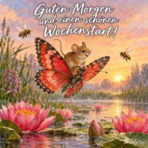 Maus reitet auf einem Schmetterling über einen Seerosenteich, Text: Guten Morgen – und einen schönen Wochenstart!