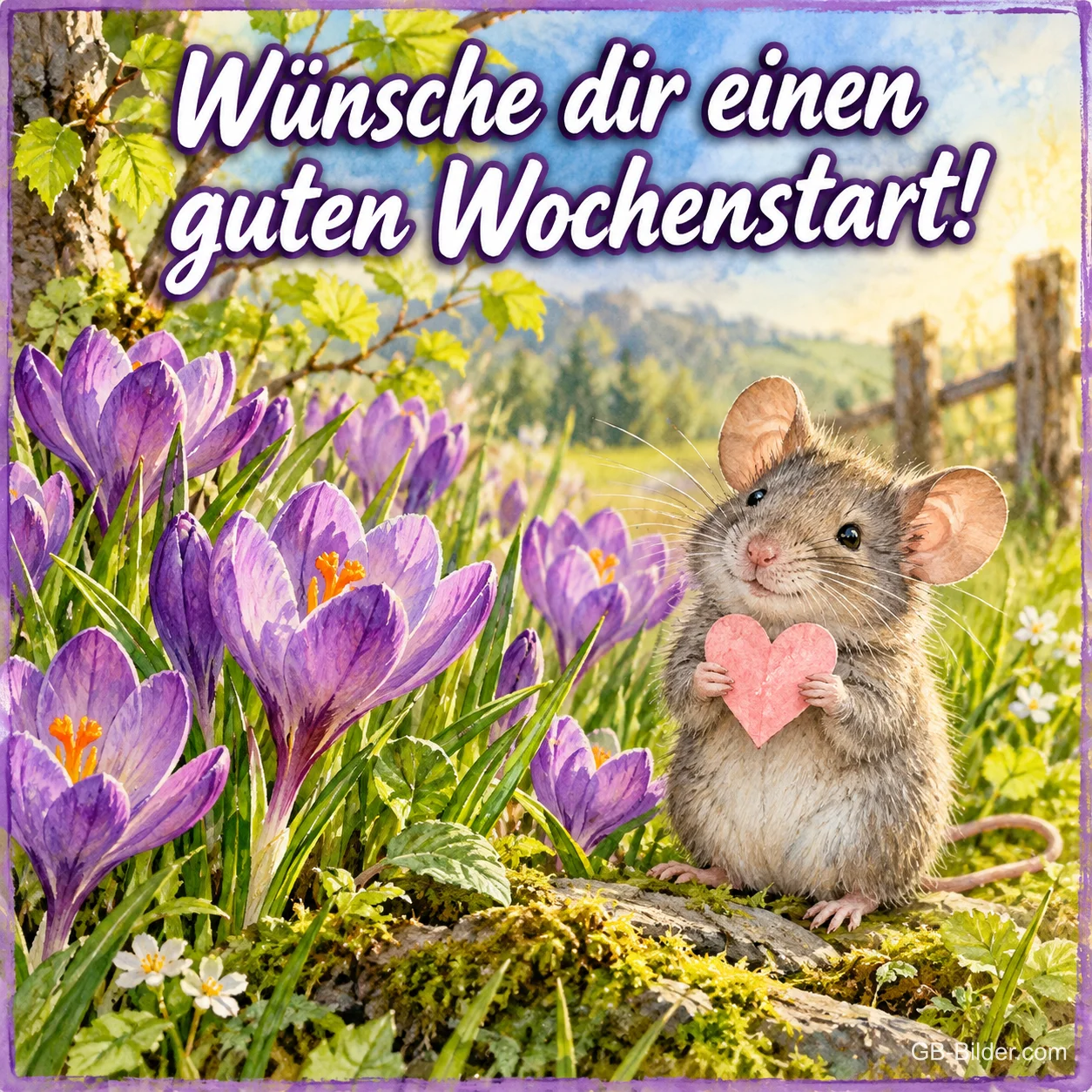 Maus mit Herz zwischen lila Krokussen, Text: Wünsche dir einen – guten Wochenstart!