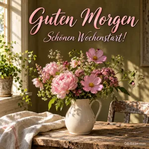 Krug mit Pfingstrosen und Schmuckkörbchen am Fenster, Text: Guten Morgen – Schönen Wochenstart!