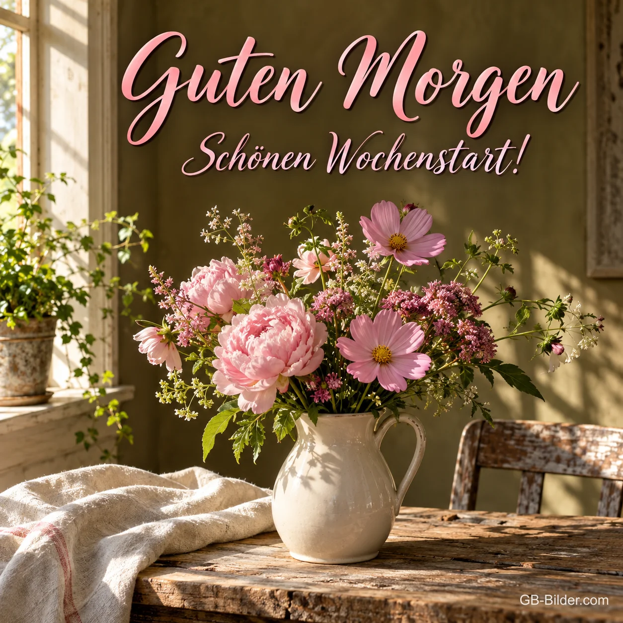 Krug mit Pfingstrosen und Schmuckkörbchen am Fenster, Text: Guten Morgen – Schönen Wochenstart!