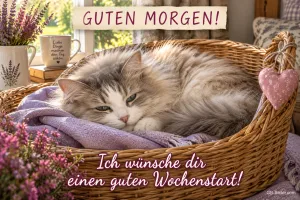 Flauschige Katze schläft in einem Weidenkorb, Text: GUTEN MORGEN! – Ich wünsche dir einen guten Wochenstart!