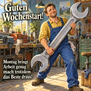 Mechaniker mit großem Schraubenschlüssel in einer Werkstatt, Text: Guten Wochenstart! – Montag bringt Arbeit genug – mach trotzdem das Beste draus!