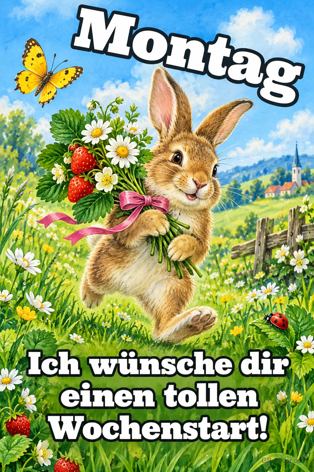Hase mit Erdbeer-Blumenstrauß hüpft über eine Frühlingswiese, Text: Montag – Ich wünsche dir einen tollen Wochenstart!