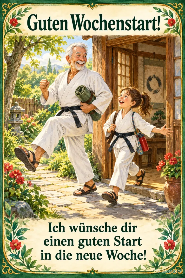 Opa und Enkelin in Karateanzügen gehen fröhlich zum Training, Text: Guten Wochenstart! – Ich wünsche dir einen guten Start in die neue Woche!