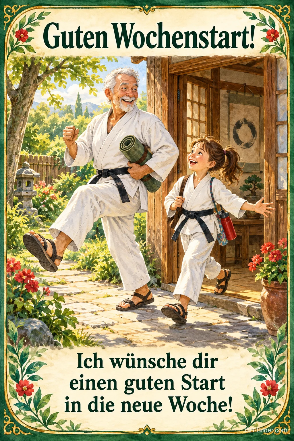 Opa und Enkelin in Karateanzügen gehen fröhlich zum Training, Text: Guten Wochenstart! – Ich wünsche dir einen guten Start in die neue Woche!