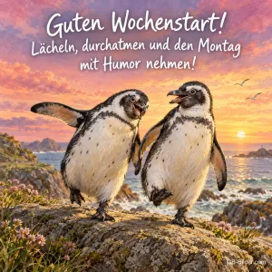 Zwei Pinguine laufen fröhlich über Felsen am Meer, Text: Guten Wochenstart! – Lächeln, durchatmen und den Montag mit Humor nehmen!