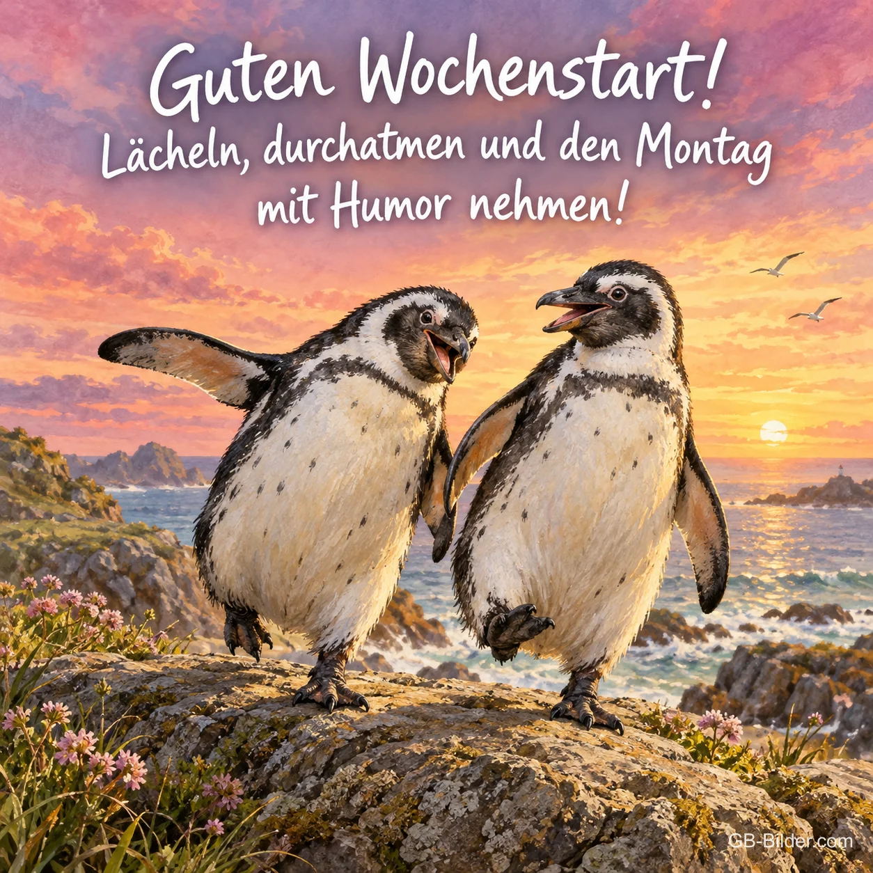 Zwei Pinguine laufen fröhlich über Felsen am Meer, Text: Guten Wochenstart! – Lächeln, durchatmen und den Montag mit Humor nehmen!