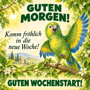Grüner Papagei breitet die Flügel auf einem Ast aus, Text: GUTEN MORGEN! – Komm fröhlich in die neue Woche! GUTEN WOCHENSTART!