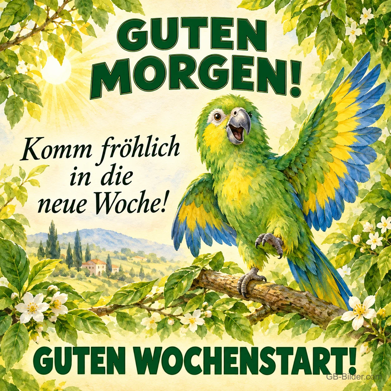 Grüner Papagei breitet die Flügel auf einem Ast aus, Text: GUTEN MORGEN! – Komm fröhlich in die neue Woche! GUTEN WOCHENSTART!