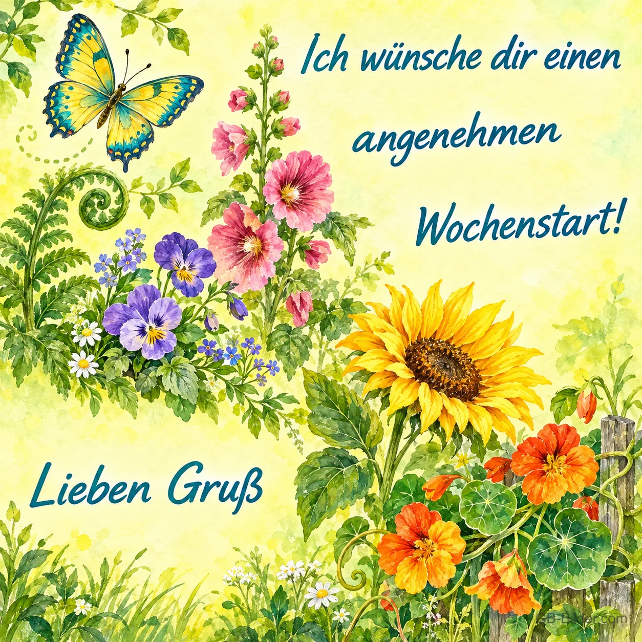 Stockrosen, Sonnenblume und Stiefmütterchen mit Schmetterling, Text: Ich wünsche dir einen angenehmen Wochenstart! – Lieben Gruß
