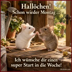 Zwei Mäuse geben sich auf einem Holztisch die Pfote, Text: Hallöchen! Schon wieder Montag … – Ich wünsche dir einen super Start in die Woche!