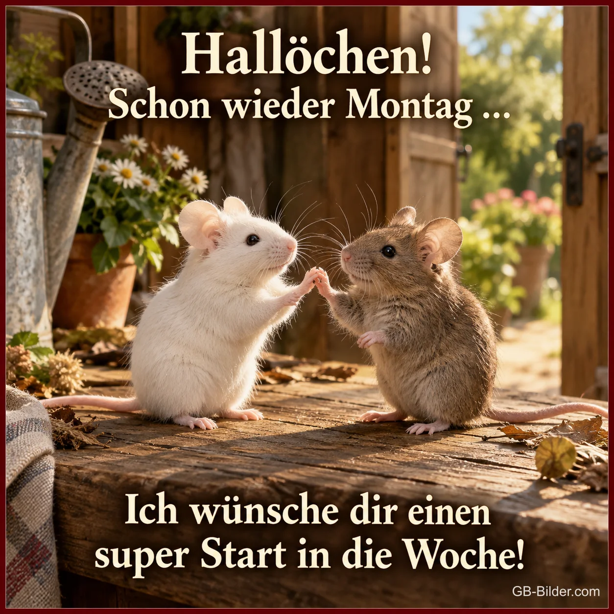 Zwei Mäuse geben sich auf einem Holztisch die Pfote, Text: Hallöchen! Schon wieder Montag … – Ich wünsche dir einen super Start in die Woche!