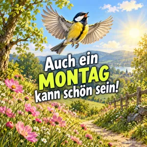 Kohlmeise fliegt über eine Blumenwiese, Text: Auch ein MONTAG – kann schön sein!