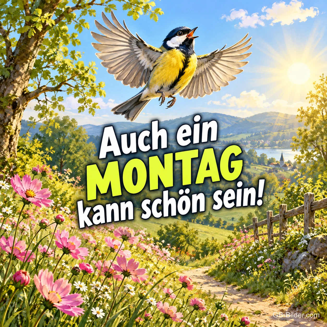 Kohlmeise fliegt über eine Blumenwiese, Text: Auch ein MONTAG – kann schön sein!