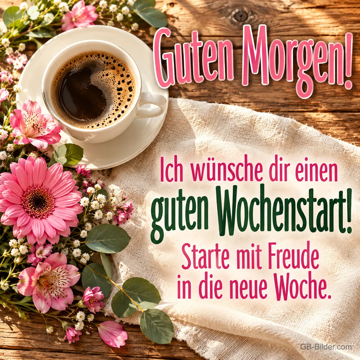 Kaffeetasse mit Gerbera und Alstroemerien auf einem Leinentuch, Text: Guten Morgen! – Ich wünsche dir einen guten Wochenstart! Starte mit Freude in die neue Woche. Kaffeetasse mit Gerbera und Alstroemerien auf einem Leinentuch, Text: Guten Morgen! – Ich wünsche dir einen guten Wochenstart! Starte mit Freude in die neue Woche.