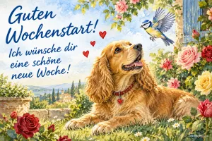 Cockerspaniel liegt im Rosengarten, eine Blaumeise fliegt heran, Text: Guten Wochenstart! – Ich wünsche dir eine schöne neue Woche!
