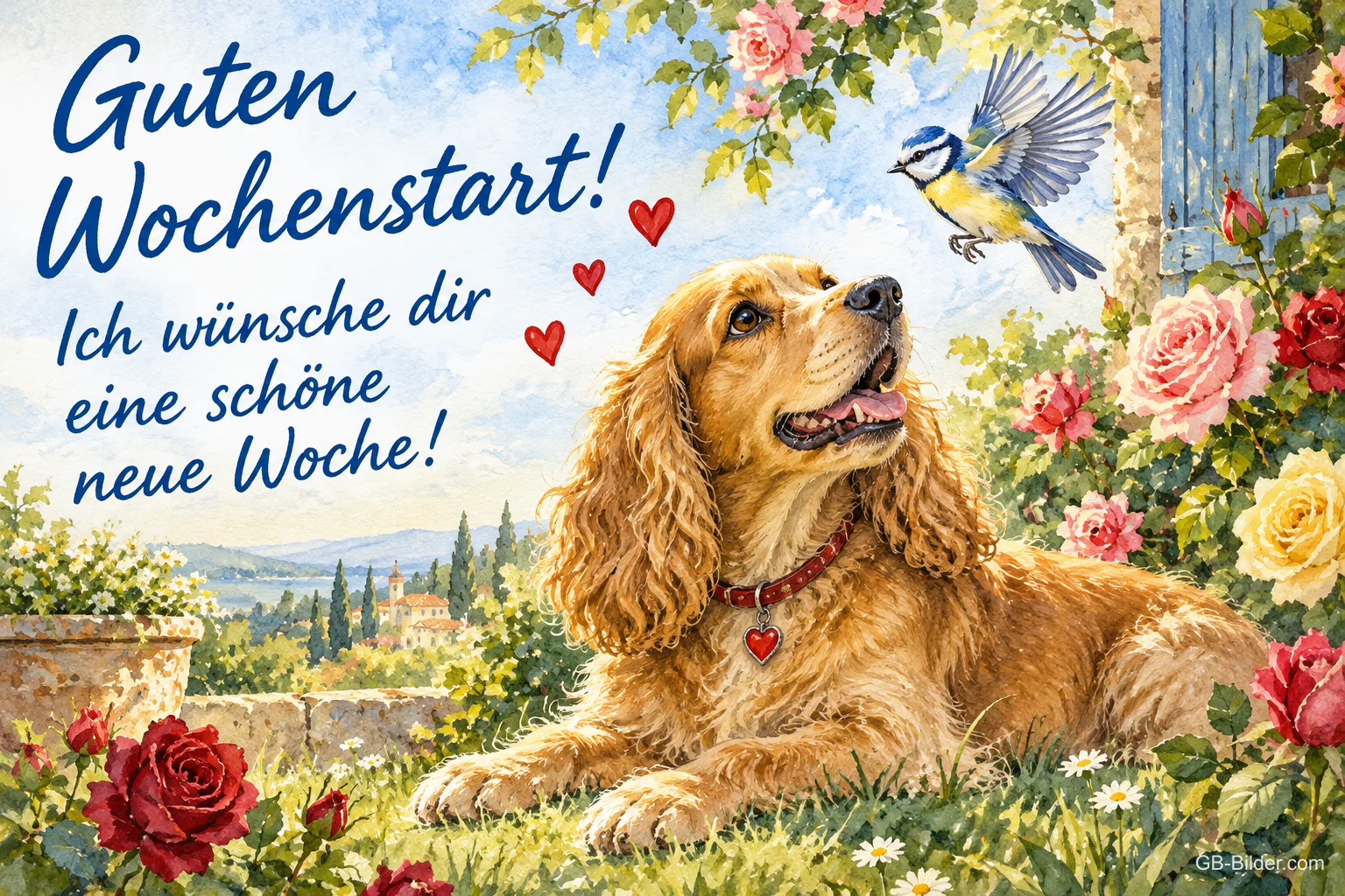 Cockerspaniel liegt im Rosengarten, eine Blaumeise fliegt heran, Text: Guten Wochenstart! – Ich wünsche dir eine schöne neue Woche!