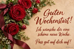 Rote Rosen und Weinrotes Band auf Papier, Text: Guten Wochenstart! – Ich wünsche dir eine schöne neue Woche. Pass gut auf dich auf!
