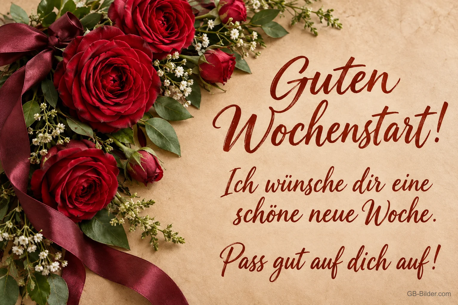 Rote Rosen und Weinrotes Band auf Papier, Text: Guten Wochenstart! – Ich wünsche dir eine schöne neue Woche. Pass gut auf dich auf!