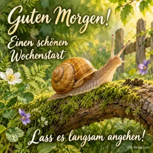Weinbergschnecke kriecht über einen moosigen Ast, Text: Guten Morgen! – Einen schönen Wochenstart – lass es langsam angehen!