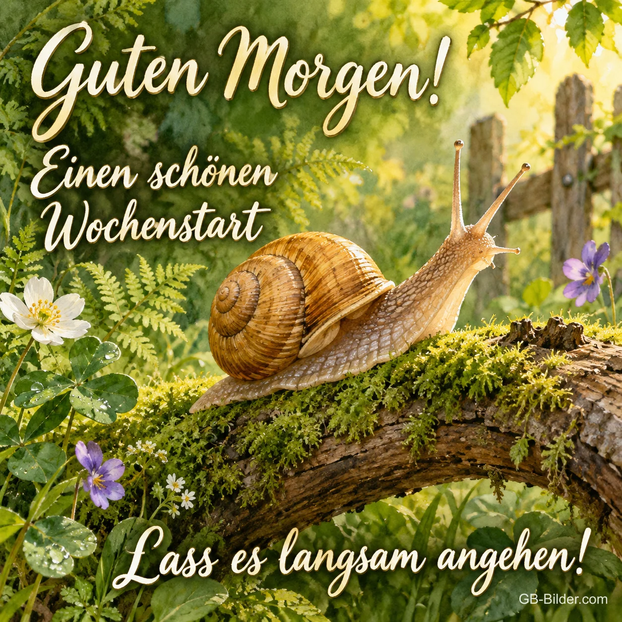 Weinbergschnecke kriecht über einen moosigen Ast, Text: Guten Morgen! – Einen schönen Wochenstart – lass es langsam angehen!