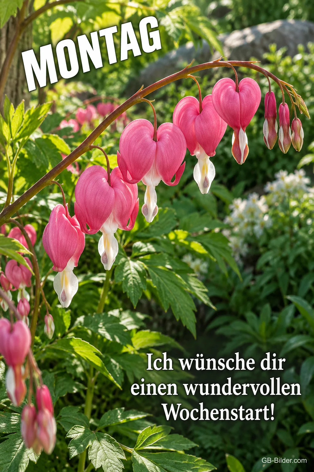 Rosa Blüten des Tränenden Herzens im Garten, Text: MONTAG – Ich wünsche dir einen wundervollen Wochenstart!