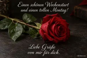 Rote Rose auf dunklem Holz, Text: Einen schönen Wochenstart und einen tollen Montag! – Liebe Grüße von mir für dich.