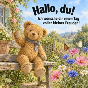 Winkender Teddybär auf einer Gartenbank, Text: Hallo, du! Ich wünsche dir einen Tag voller kleiner Freuden!